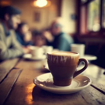 Cup Of Coffee On A Wooden Table In A Cafe