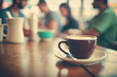 Coffee Cup On A Cafe Table With Blurred People