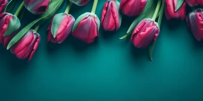 Pink Tulips Arranged On A Teal Background