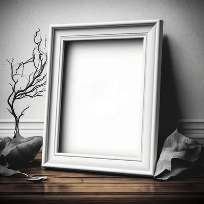 Empty White Picture Frame On Wooden Surface