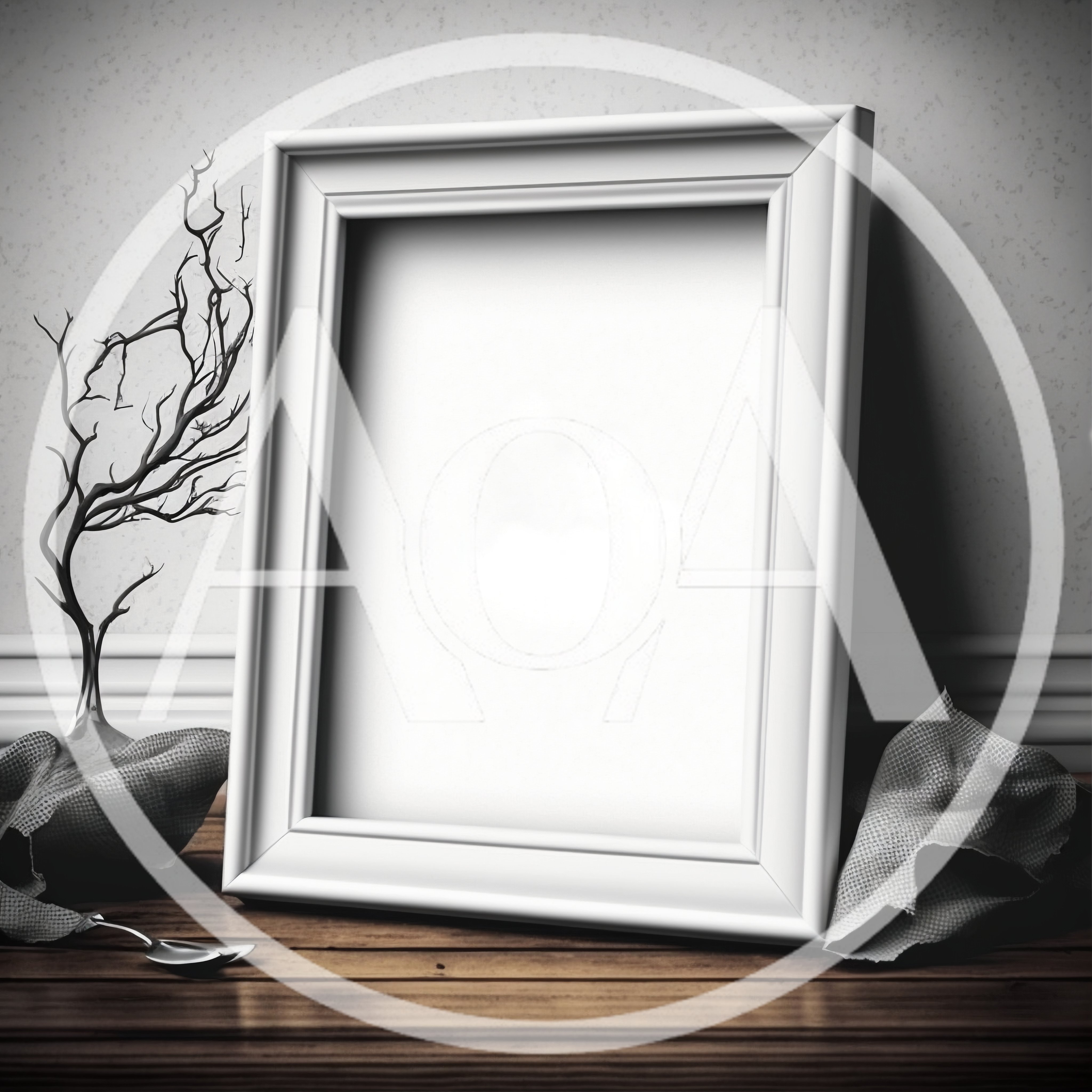 Empty White Picture Frame On Wooden Surface