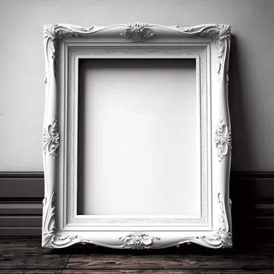 Ornate White Baroque Picture Frame On Wooden Floor