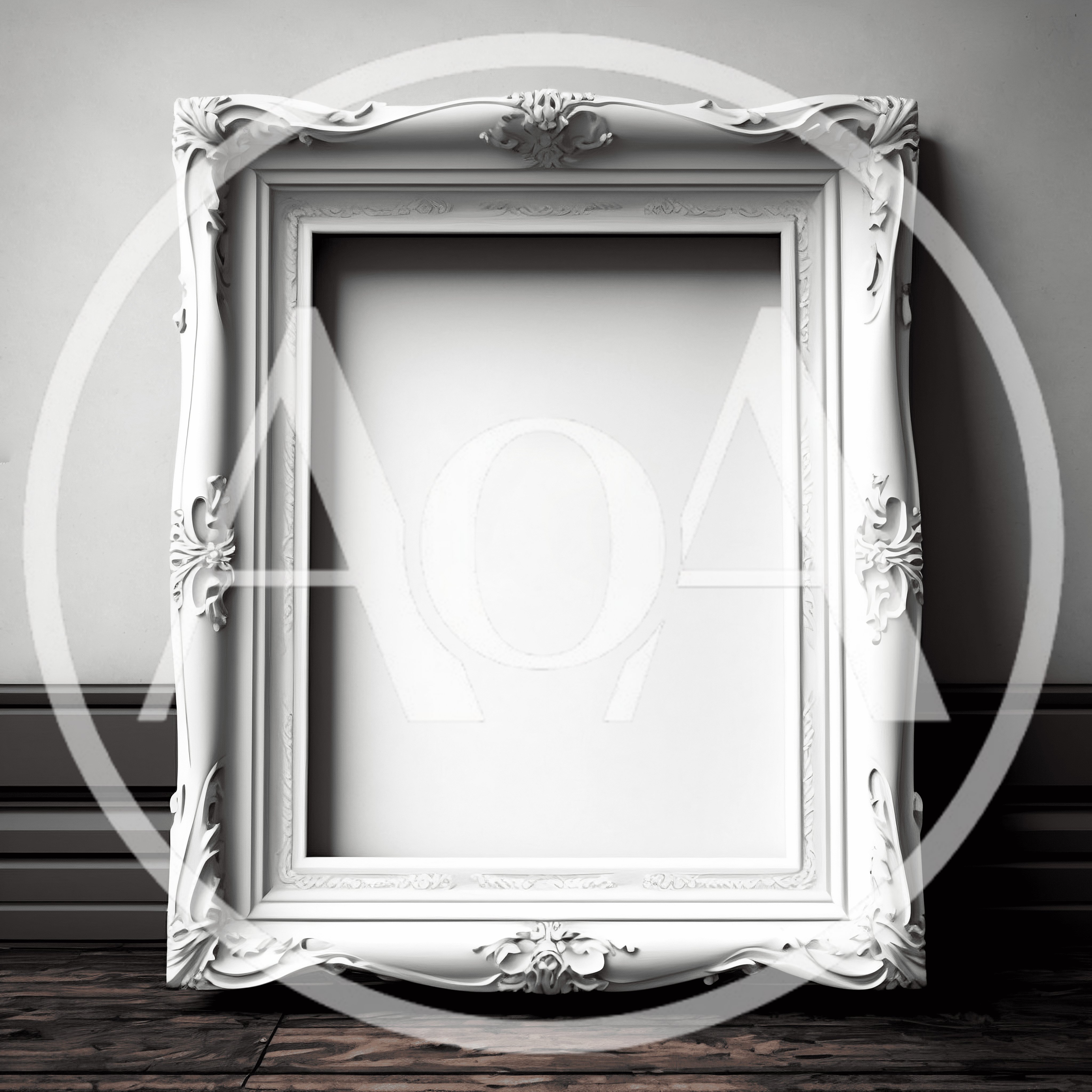 Ornate White Baroque Picture Frame On Wooden Floor