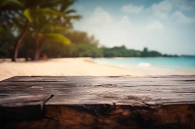 Empty Wooden Table Overlooking A Tropical Beach