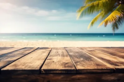 Wooden Table Overlooking A Tropical Beach