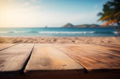 Wooden Table Surface Overlooking A Tropical Beach
