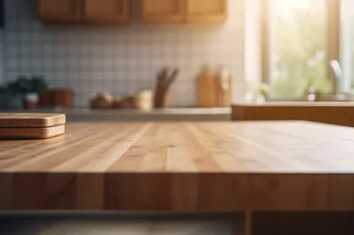 Wooden Kitchen Countertop With Blurred Background