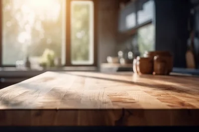 Empty Wooden Kitchen Countertop With Sunlight