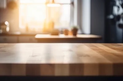Empty Wooden Kitchen Countertop With Blurred Background
