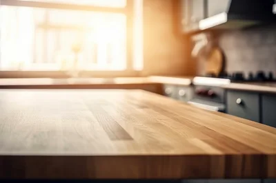 Wooden Kitchen Island Countertop With Blurred Background