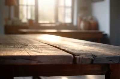 Rustic Wooden Table Surface In Sunlit Room