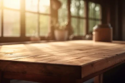 Empty Wooden Table In A Sunlit Room