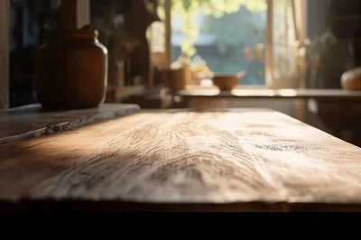 Rustic Wooden Table Surface In Sunlit Kitchen