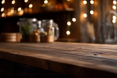 Rustic Wooden Kitchen Countertop With Blurred Background