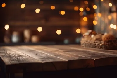 Rustic Wooden Table Surface With Blurred Festive Bokeh Background