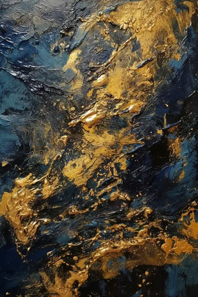 Abstract Oil Painting With Gold And Navy Blue Textures