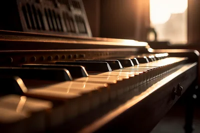 Close Up Of Grand Piano Keys In Warm Sunlight