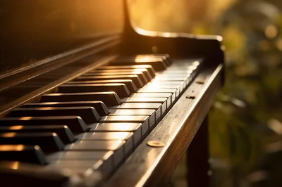 Close Up Of Grand Piano Keys In Golden Sunlight