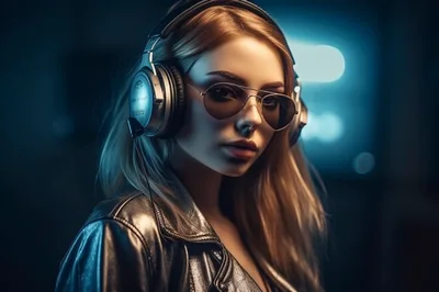 Young Woman Wearing Headphones And Aviator Sunglasses