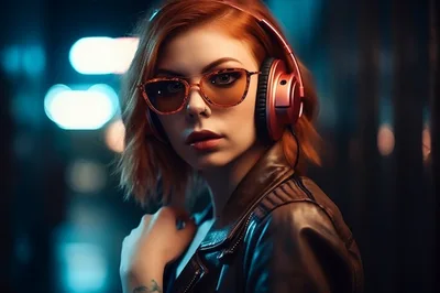 Young Woman With Red Hair Wearing Headphones And Sunglasses