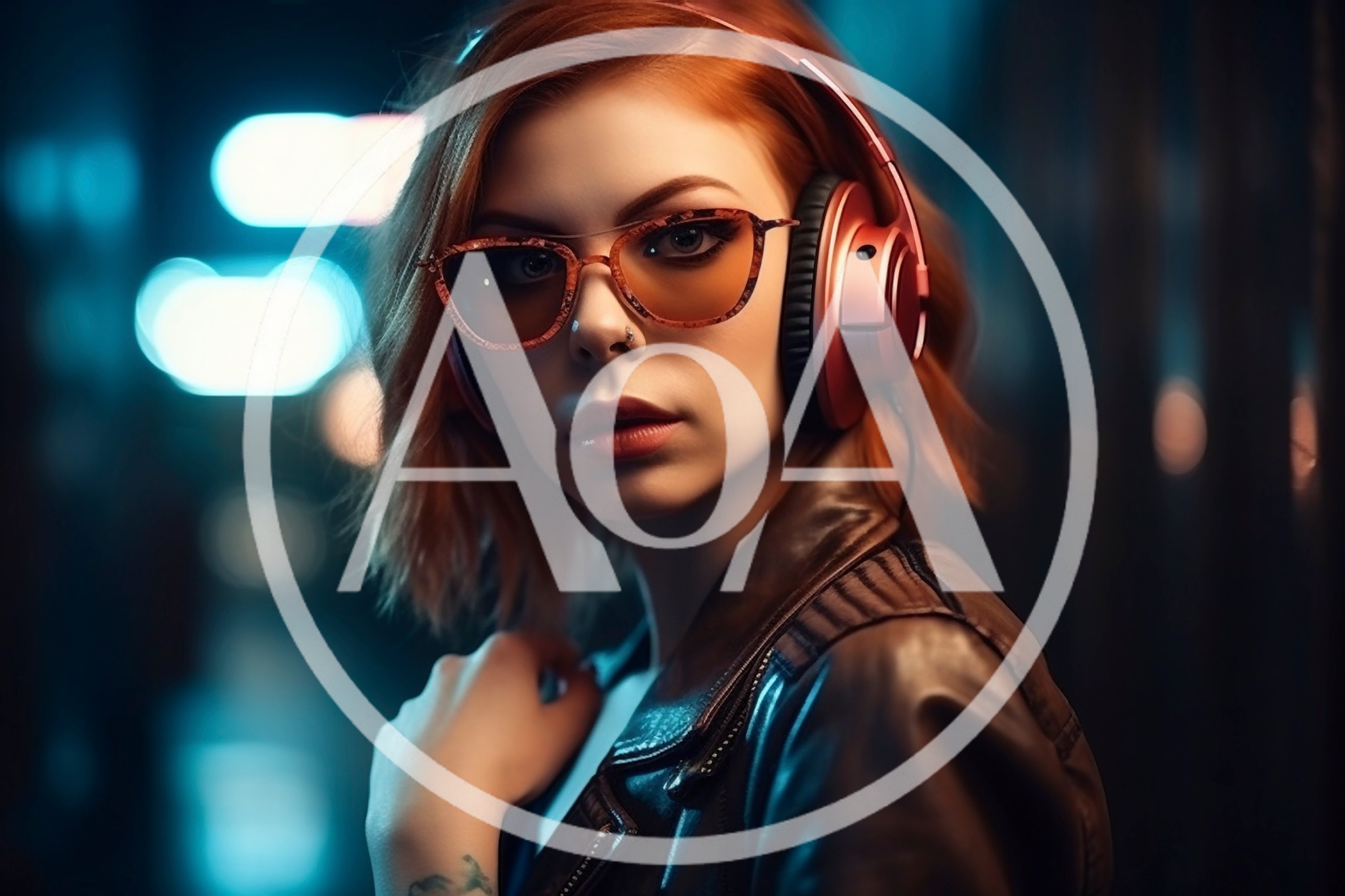 Young Woman With Red Hair Wearing Headphones And Sunglasses