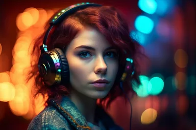Young Woman Wearing Headphones With Neon Bokeh Background