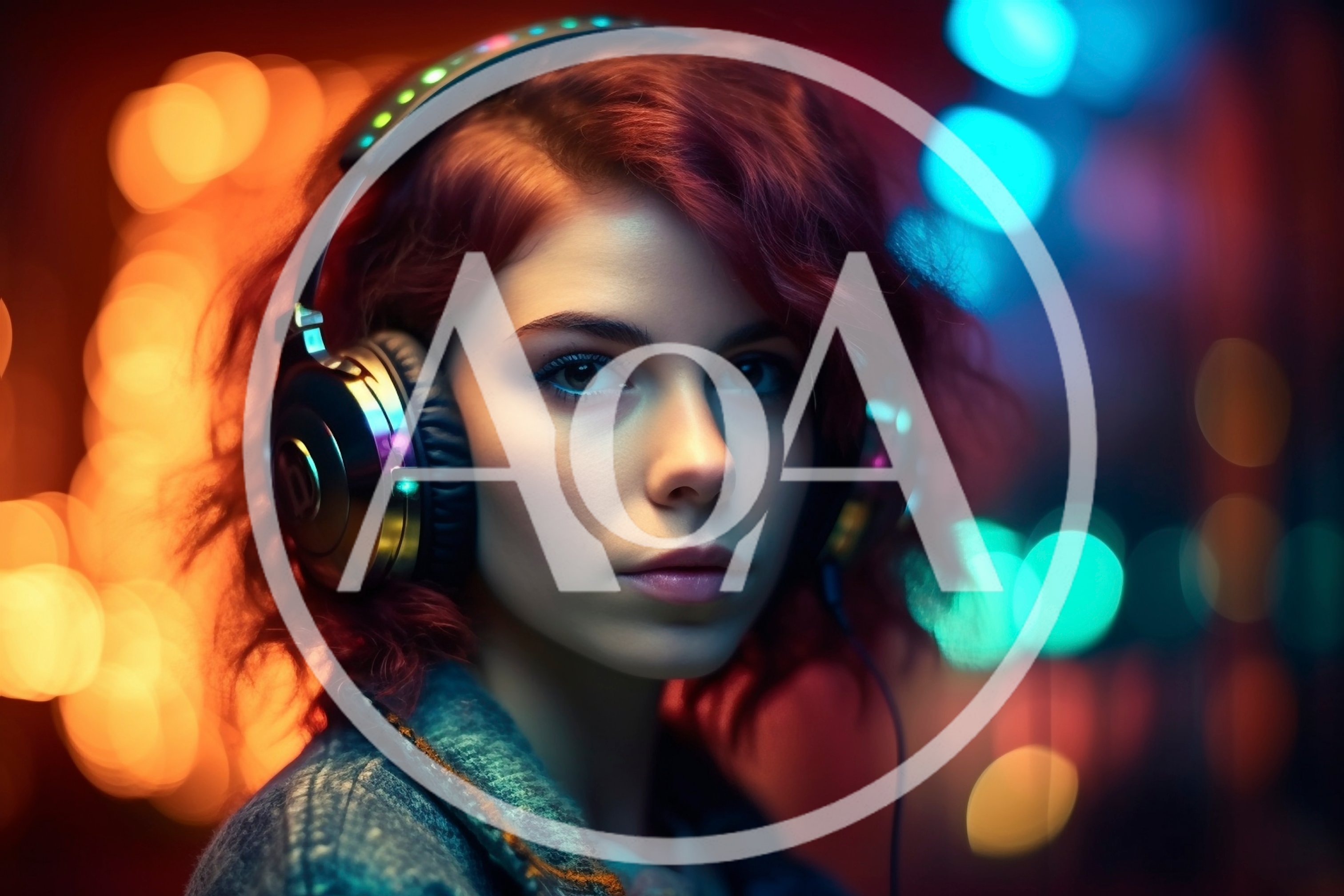Young Woman Wearing Headphones With Neon Bokeh Background