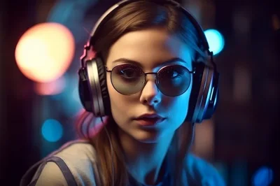 Young Woman Wearing Headphones And Sunglasses In Neon Lighting
