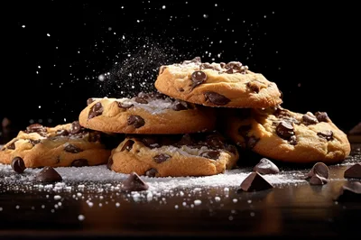 Chocolate Chip Cookies With Falling Powdered Sugar