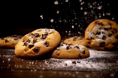Chocolate Chip Cookies With Falling Powdered Sugar