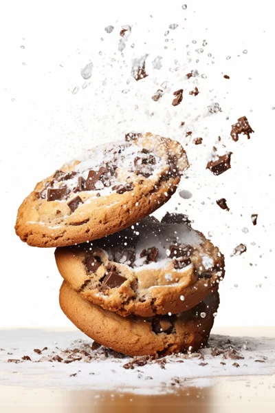Stack of Chocolate Chip Cookies with Falling Sugar