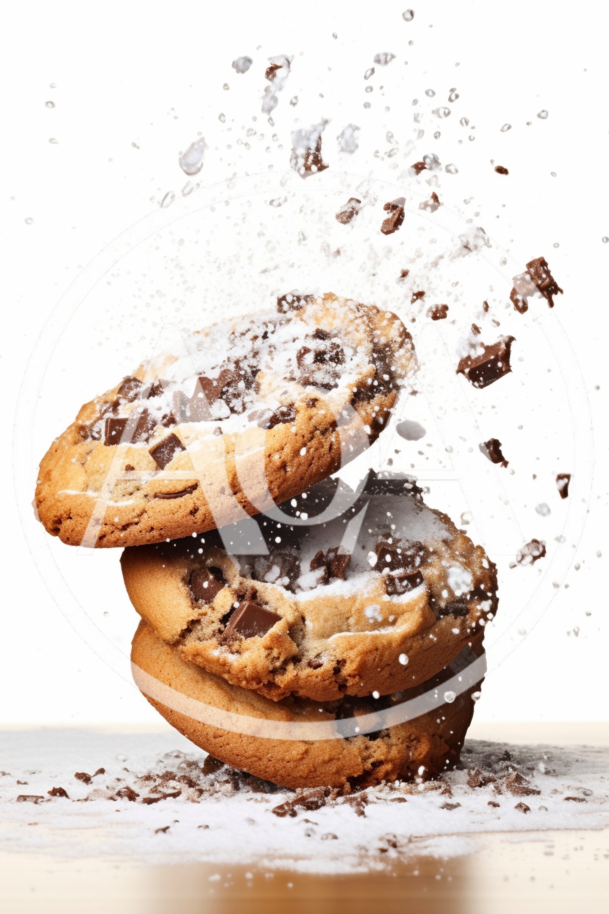 Stack of Chocolate Chip Cookies with Falling Sugar