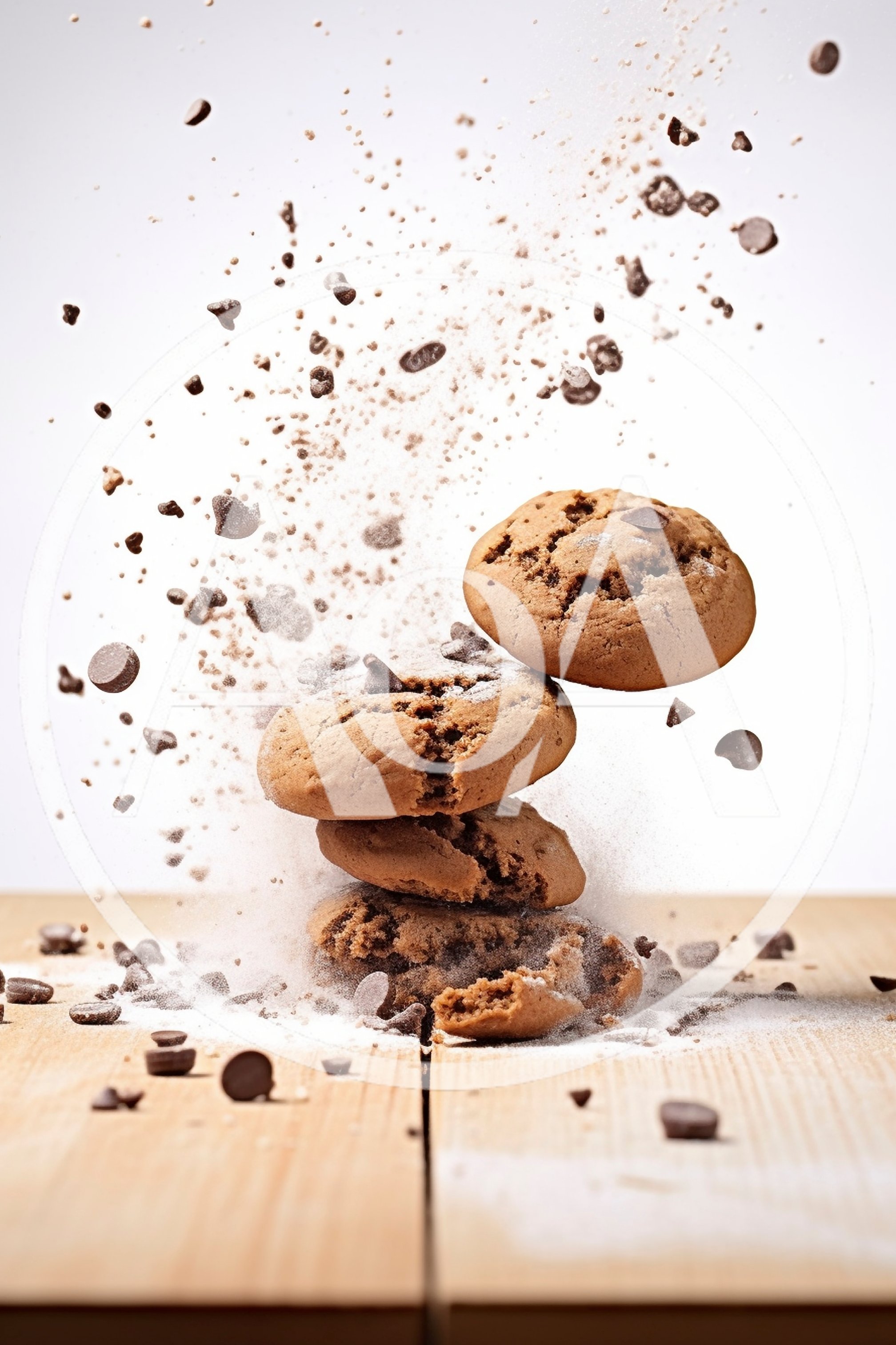 Stack of Chocolate Chip Cookies with Exploding Flour