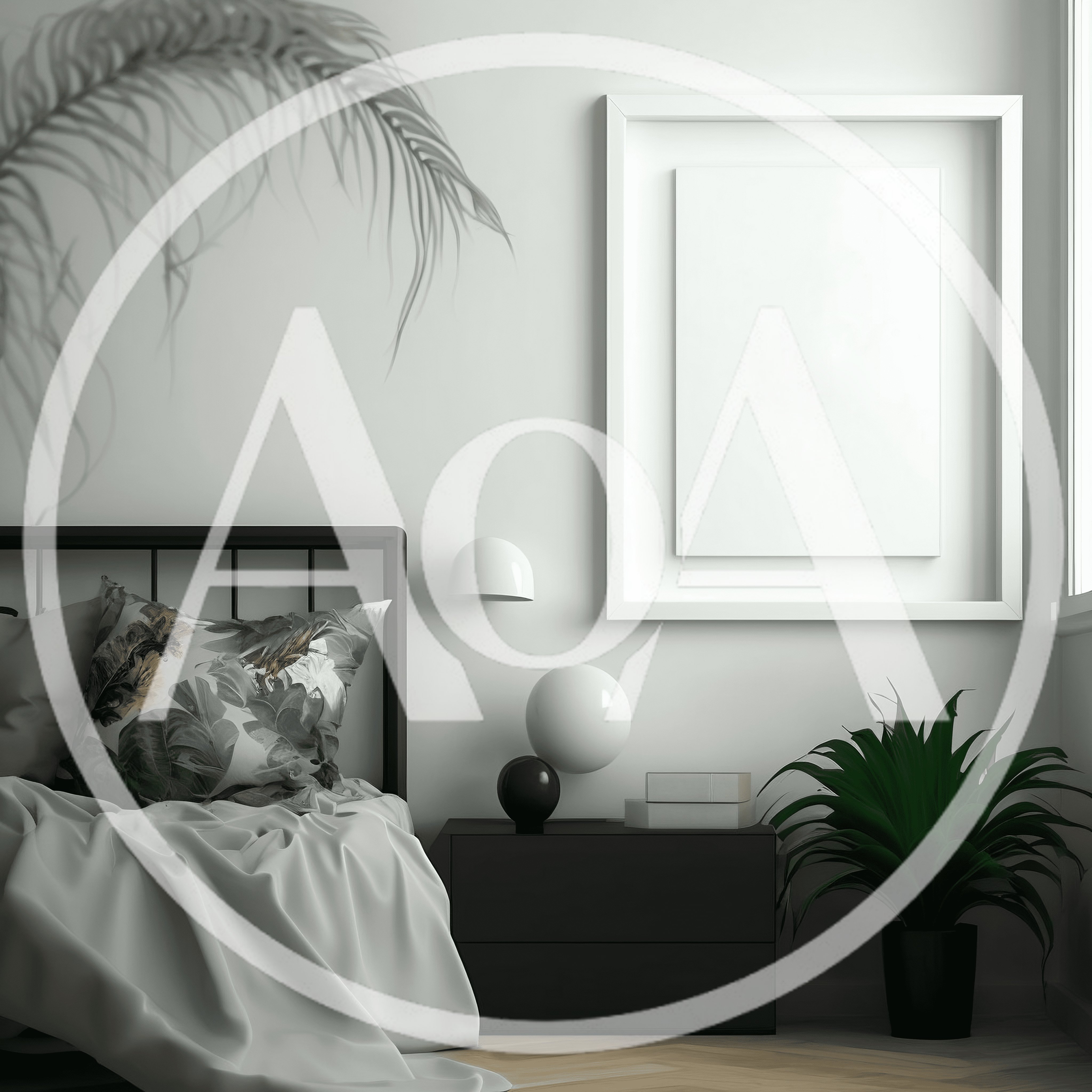 Modern Minimalist Bedroom Interior With Empty Picture Frame
