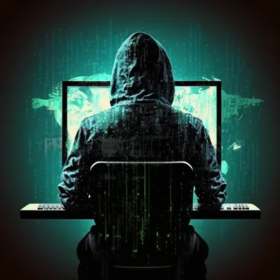 Hacker Sitting At Computer In Dark Room