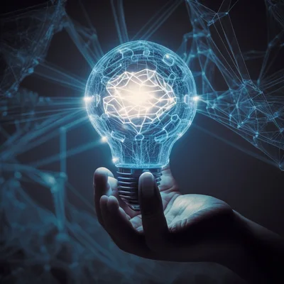 Human Hand Holding Glowing Digital Neural Network Lightbulb