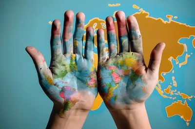Human Hands Painted With A World Map