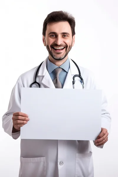 Smiling Male Doctor Holding Blank White Sign