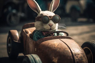 Anthropomorphic Rabbit Driving A Vintage Toy Car