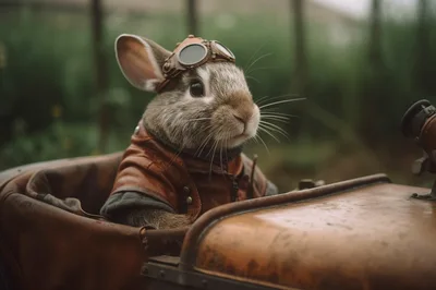 Steampunk Rabbit Wearing Aviator Goggles In Vintage Car