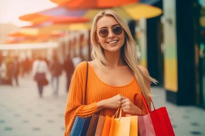 Happy Blonde Woman Carrying Colorful Shopping Bags
