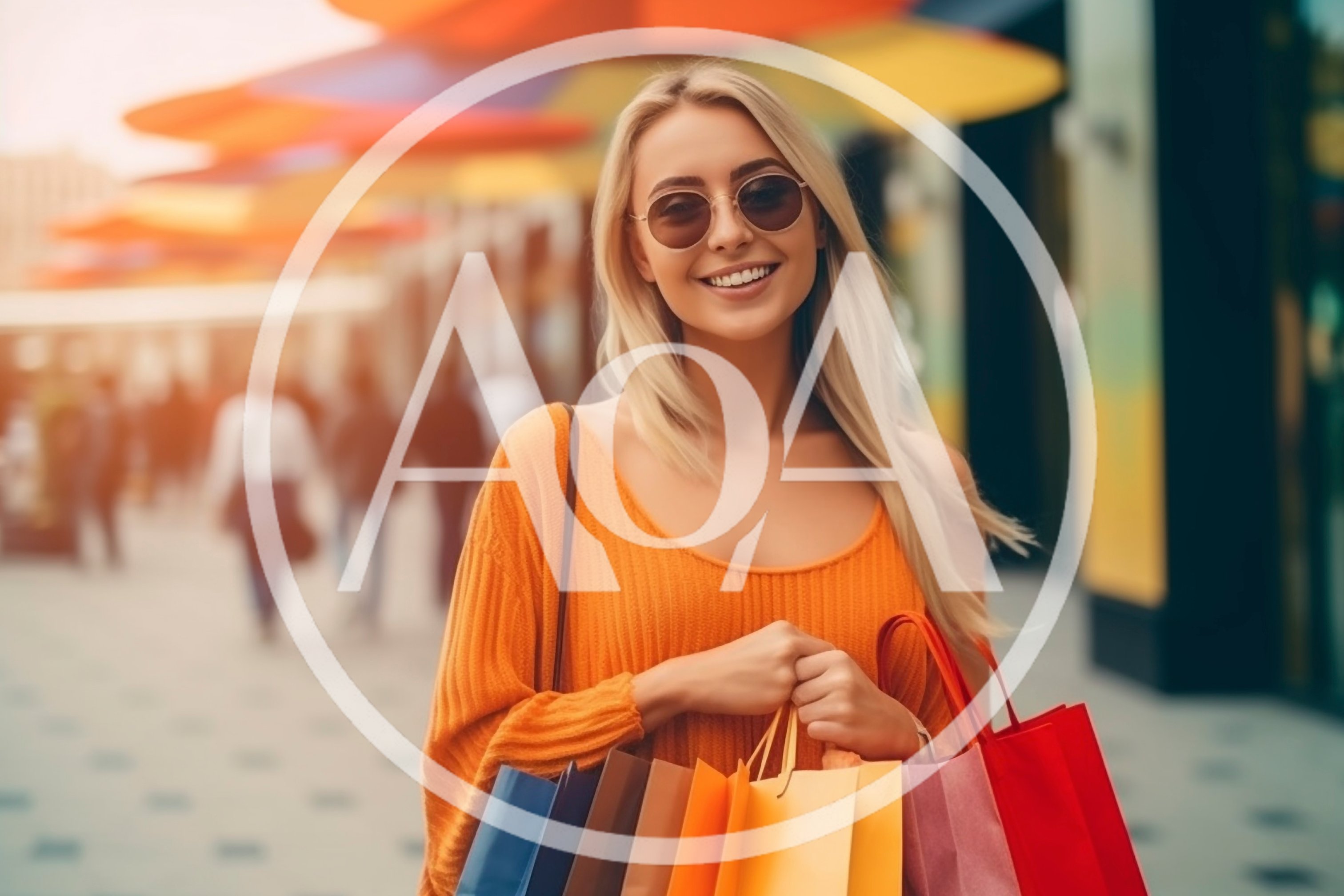 Happy Blonde Woman Carrying Colorful Shopping Bags