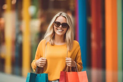 Young Woman Shopping With Colorful Bags In Mall