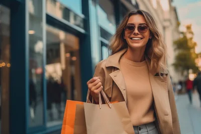 Happy Woman Carrying Shopping Bags On City Street