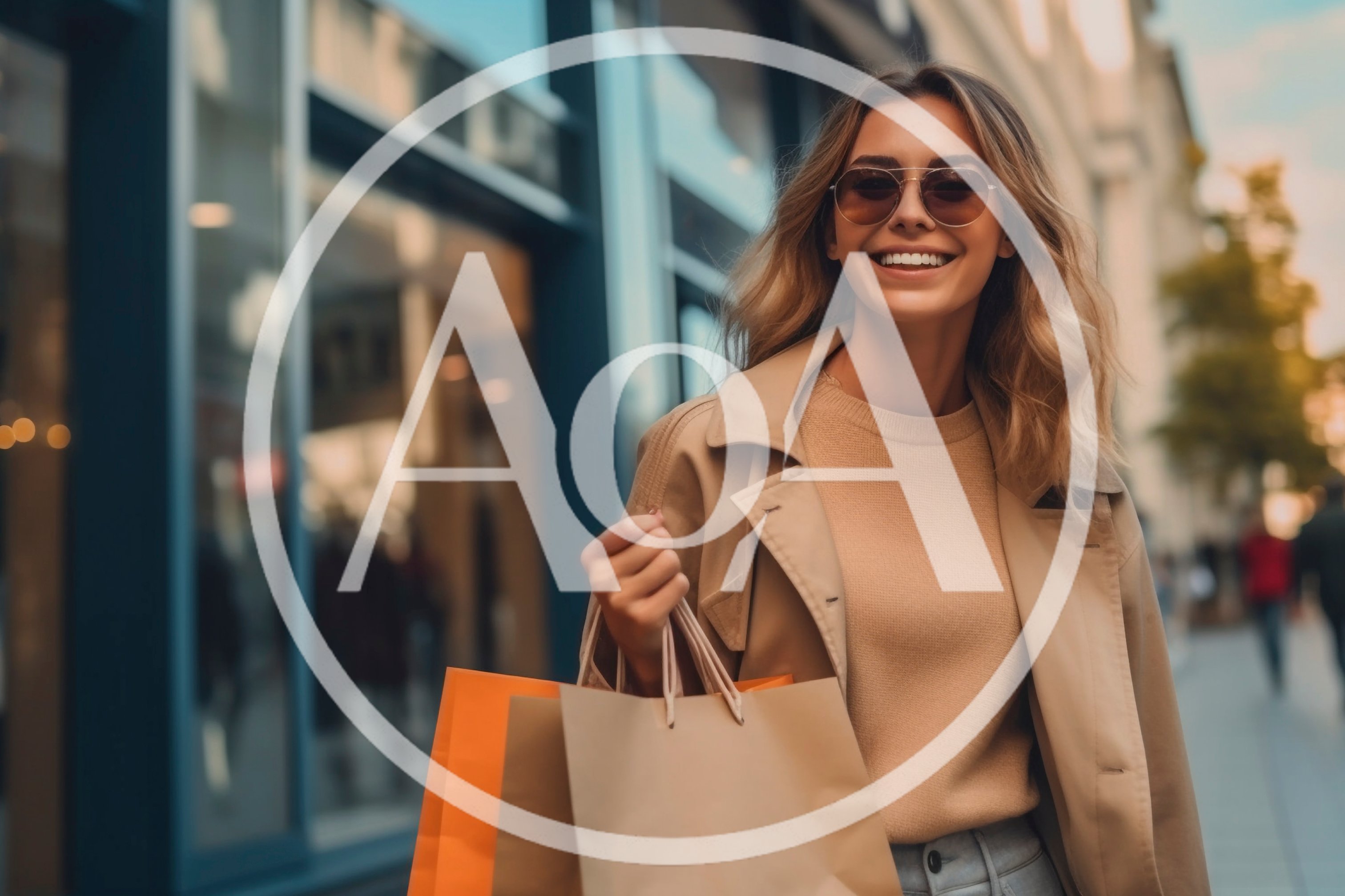 Happy Woman Carrying Shopping Bags On City Street