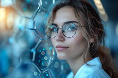 Young Woman Looking Through Futuristic Hexagonal Glass Panel