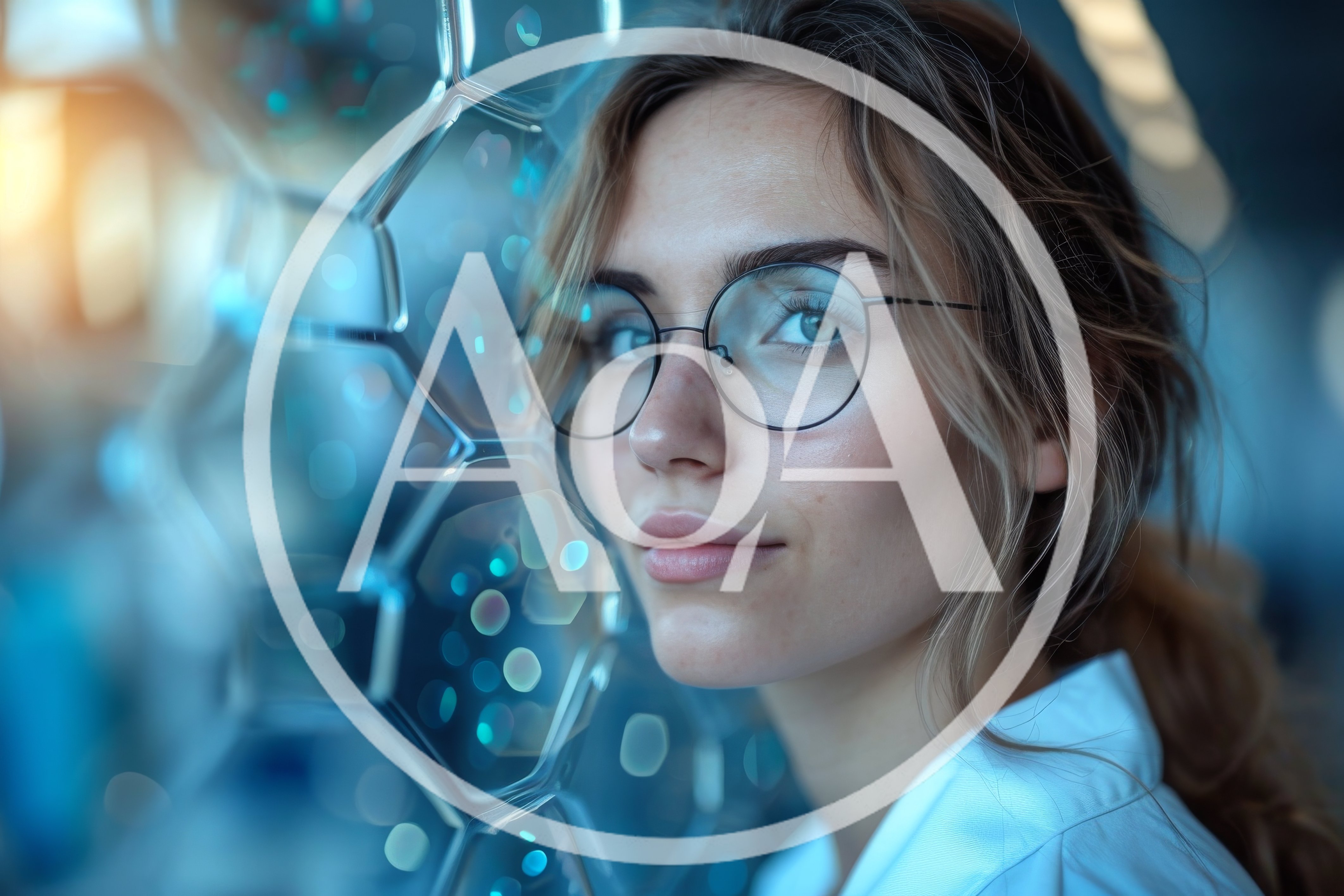 Young Woman Looking Through Futuristic Hexagonal Glass Panel