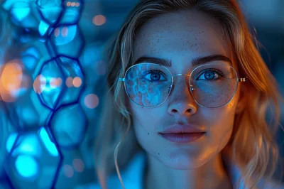 Young Scientist Examining Glowing Molecular Structure