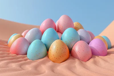 Pastel Speckled Easter Eggs On Sandy Dunes