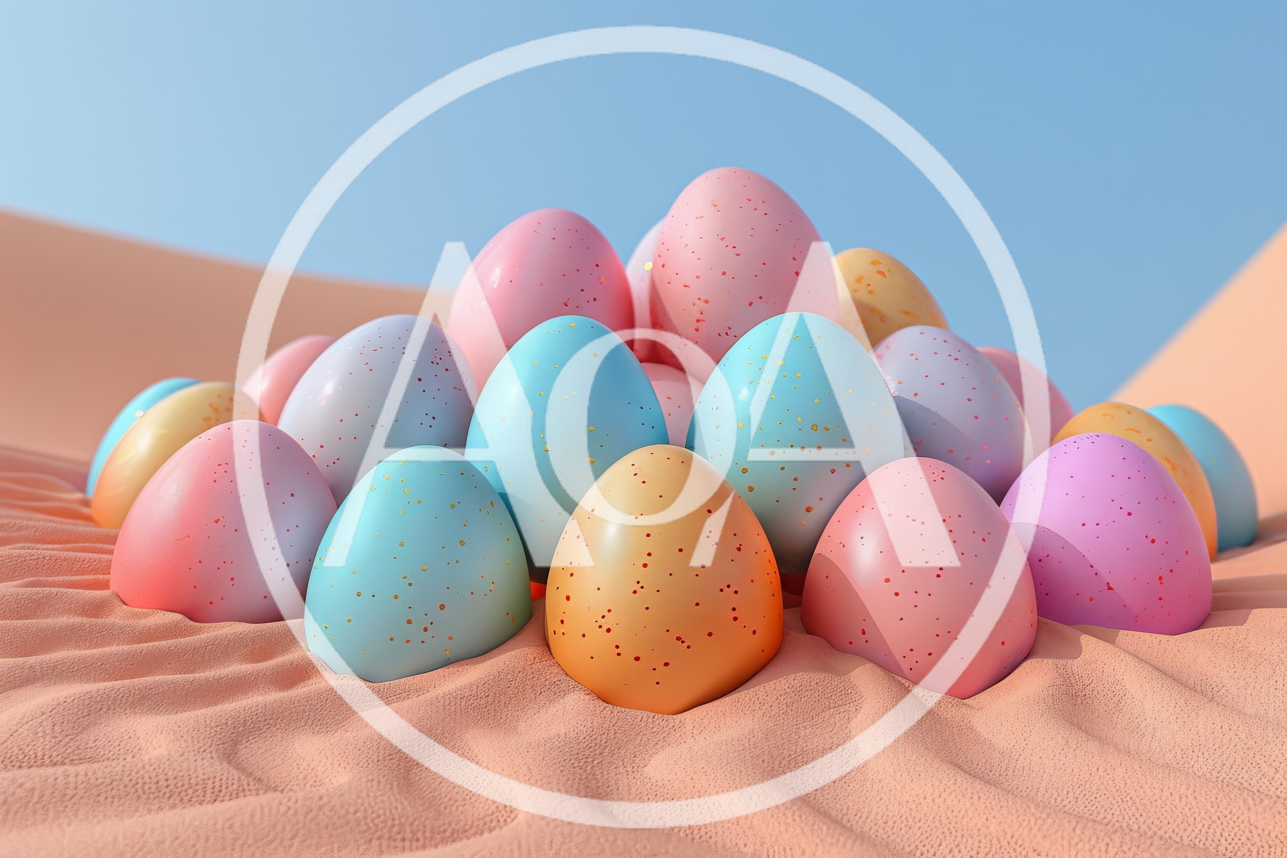 Pastel Speckled Easter Eggs On Sandy Dunes